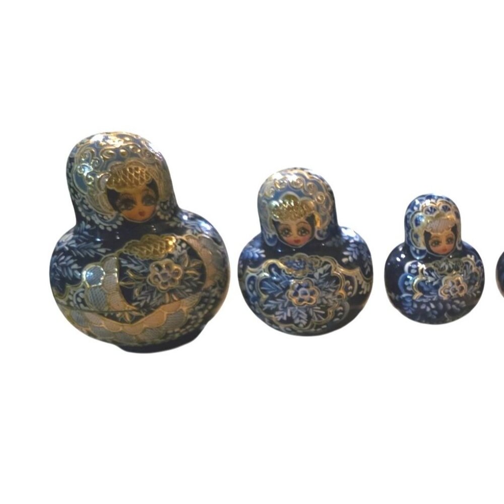 8 Nesting Dolls Russian Matryoshka‎ Blue Gold Hand-Painted Artisan Signed